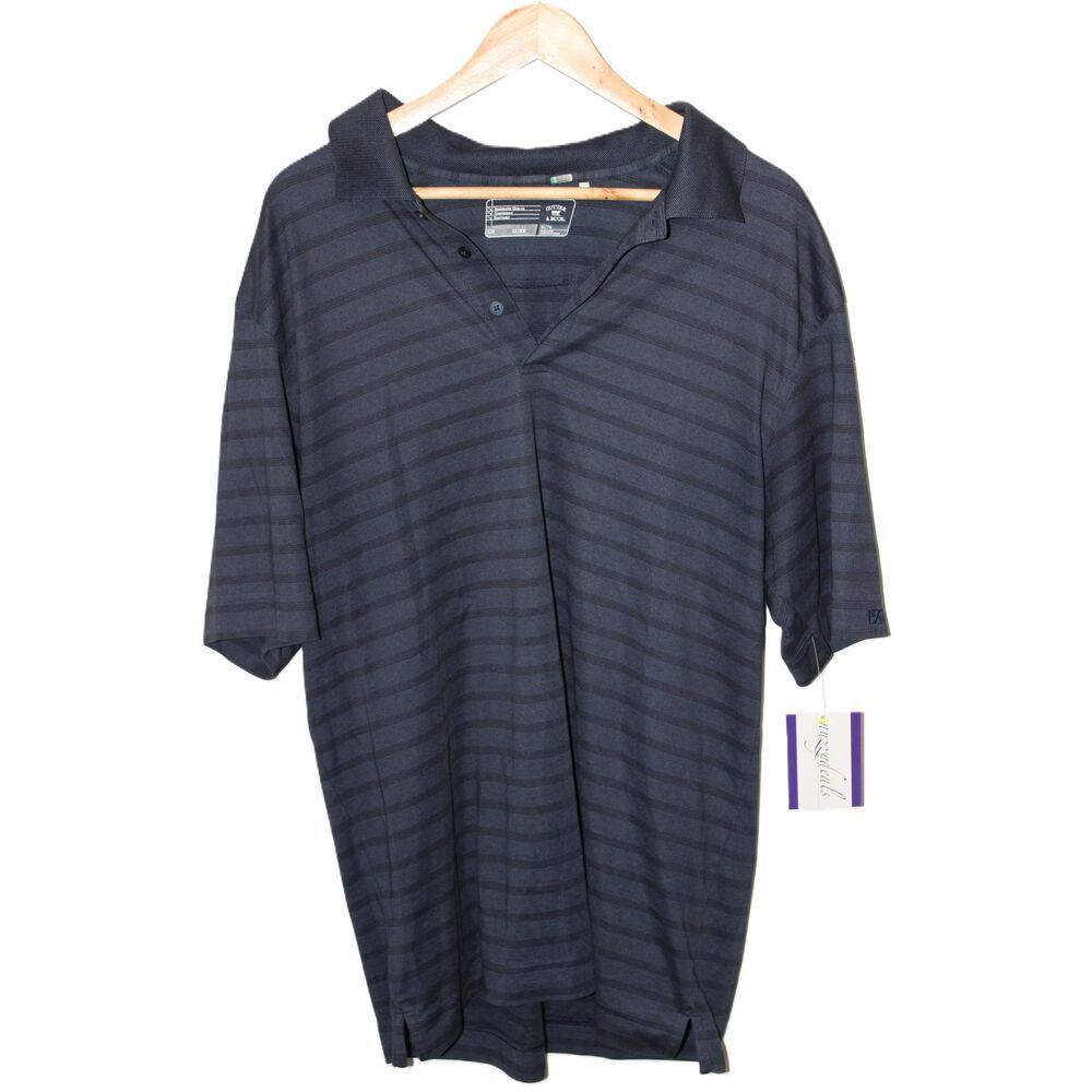 NWD Mens Cutter & Buck Blue Gray Striped Short Sleeve Polo Golf Shirt Size XL